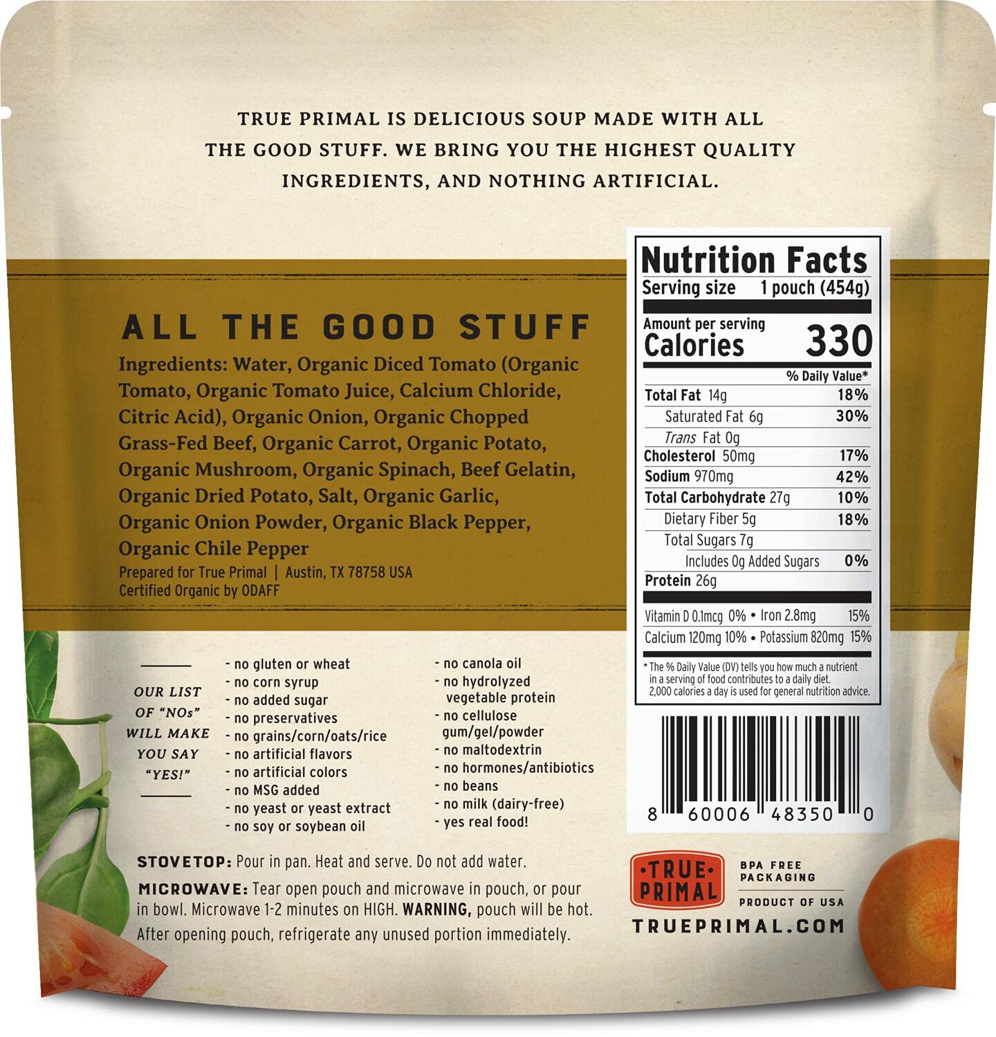 True Primal Hearty Beef Organic Soup can opening with rich aroma