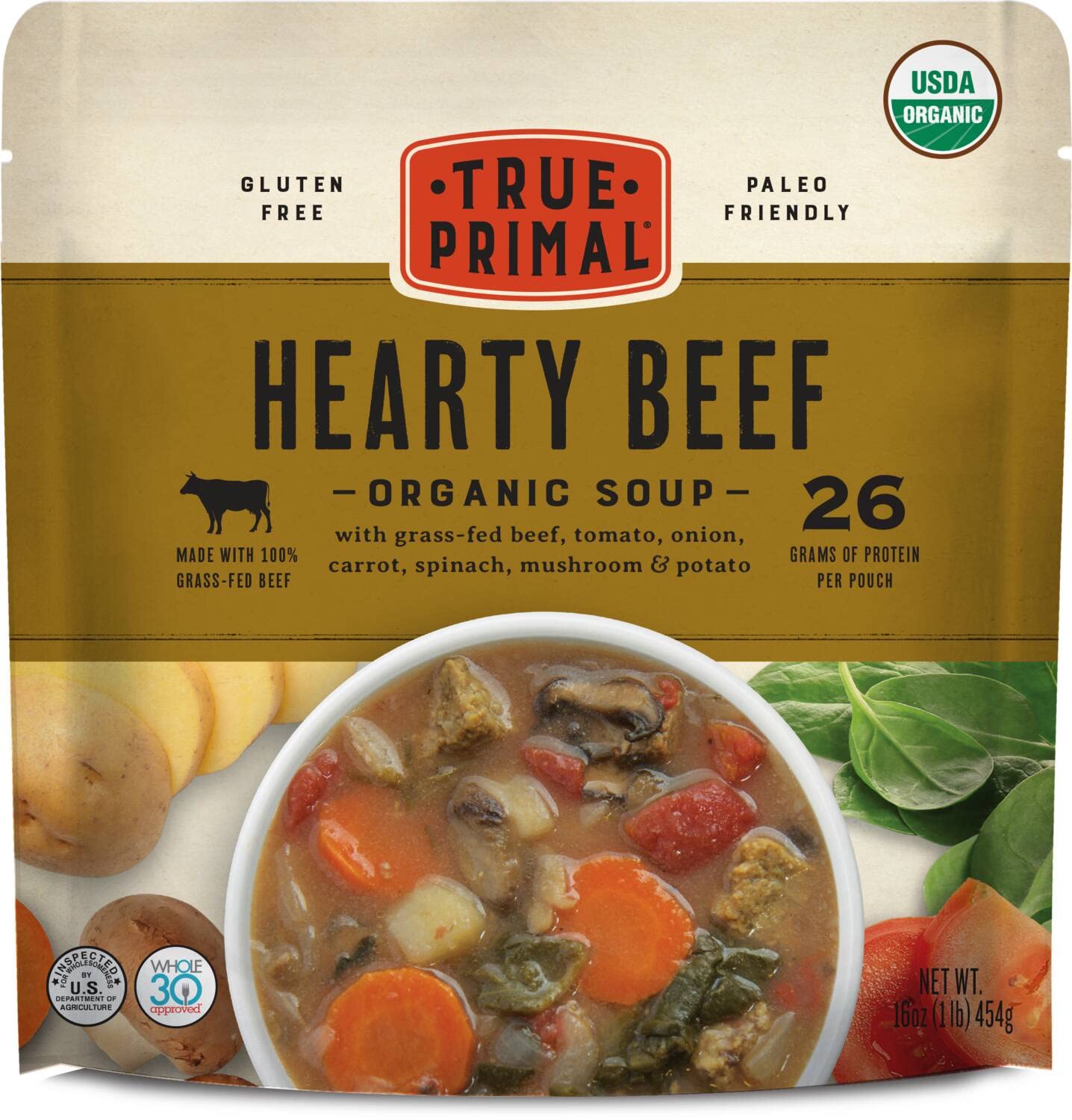 True Primal Hearty Beef Organic Soup packaging front view for convenient pantry stocking