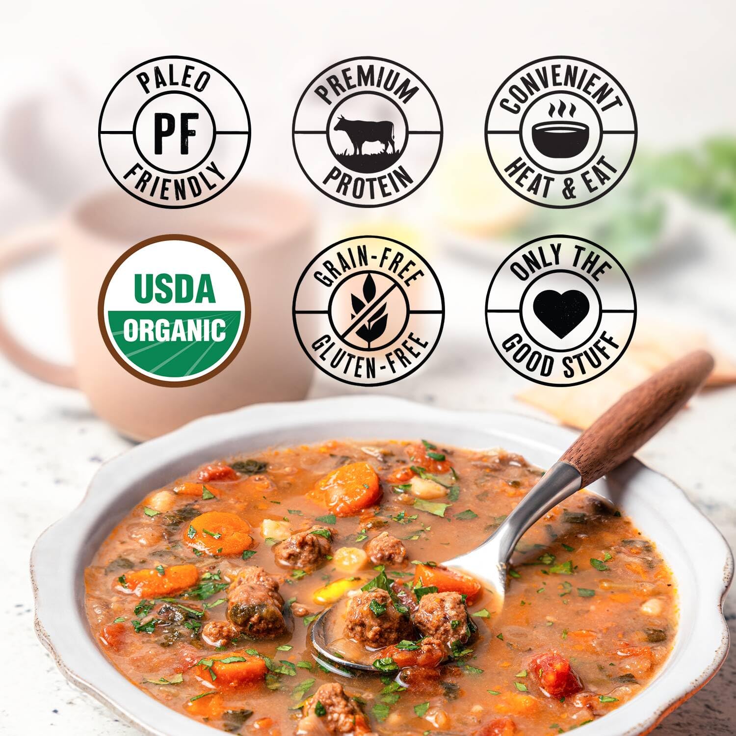 Shelf-stable True Primal Hearty Beef Organic Soup packaging on pantry shelf