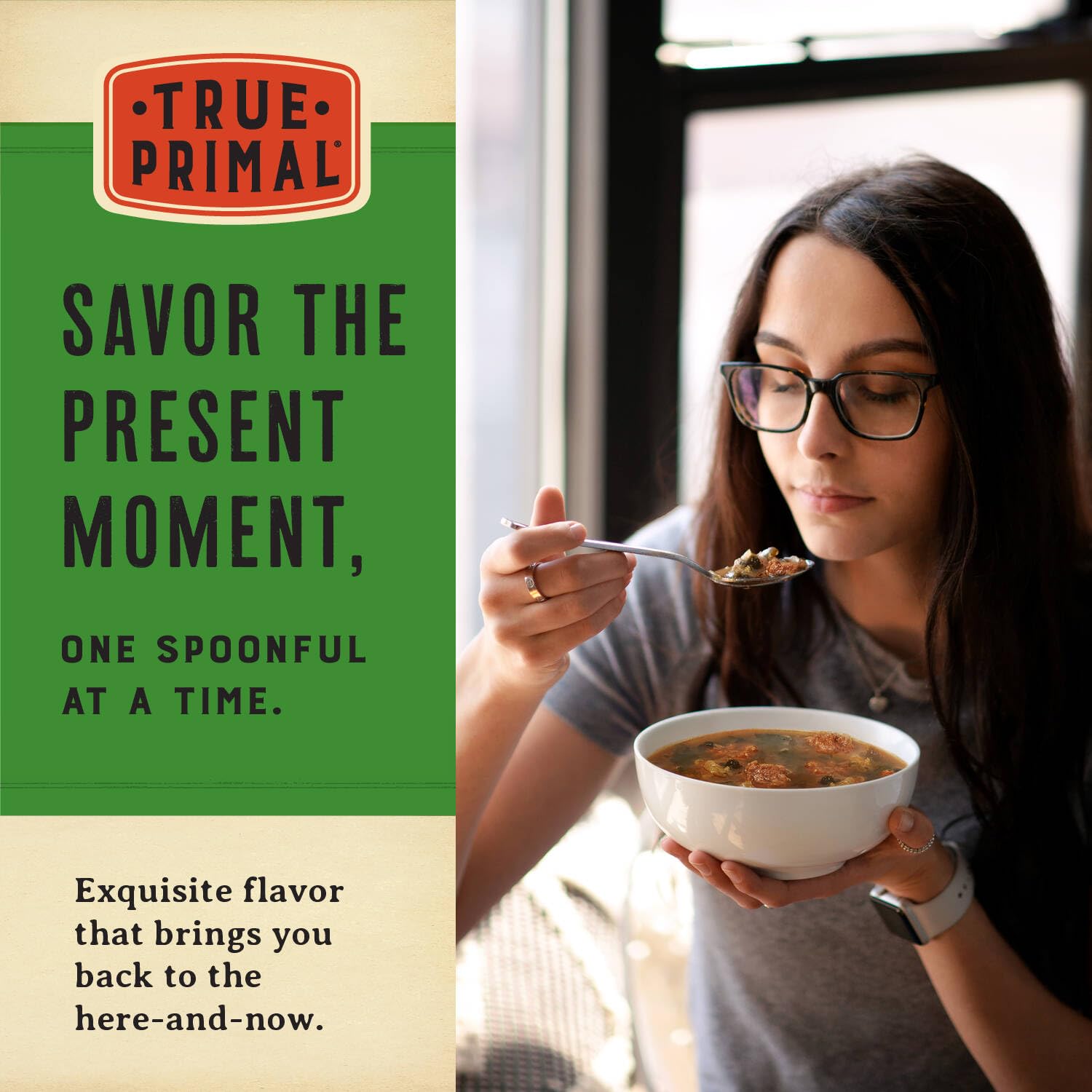 True Primal Roasted Chicken Soup shows tender chicken chunks in rich broth.