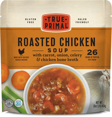 True Primal Roasted Chicken Soup 8-pack packaging highlights convenience and shelf stability.