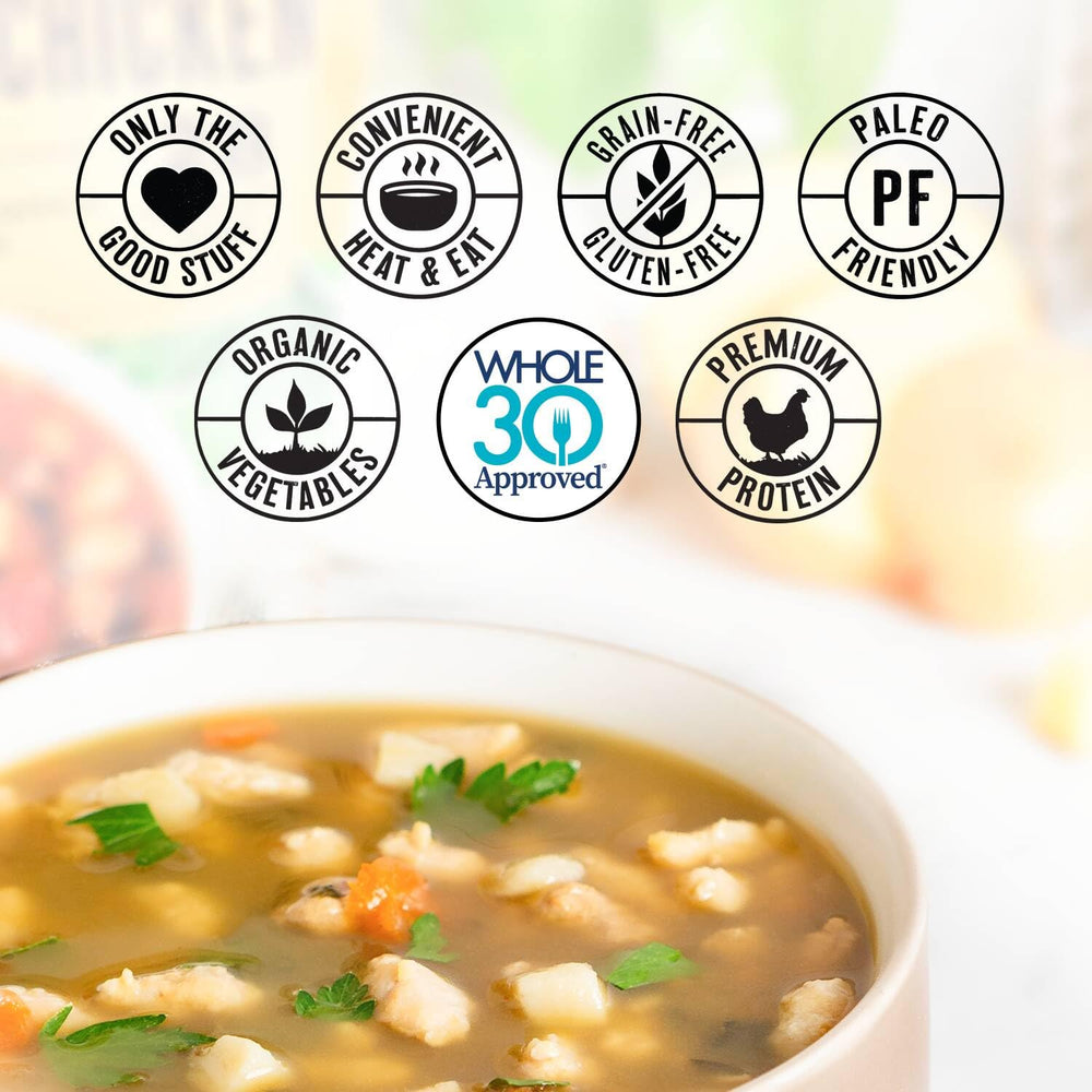 True Primal Roasted Chicken Soup pouch features a comforting bone broth base.