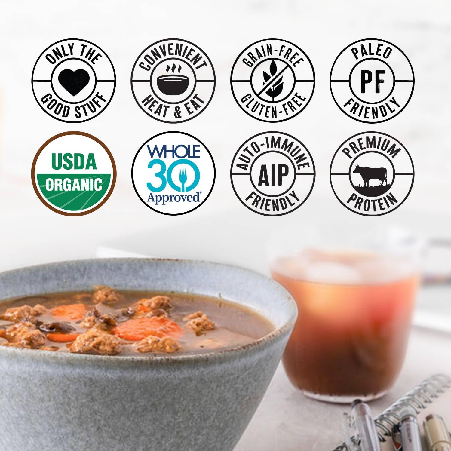 True Primal shelf-stable soup packaging offers convenient meals without refrigeration.