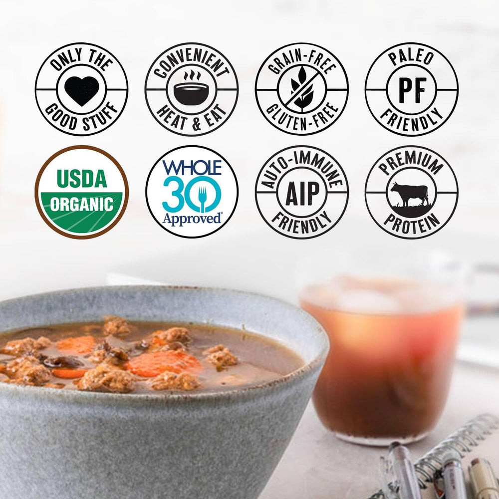 True Primal shelf-stable soup packaging offers convenient meals without refrigeration.