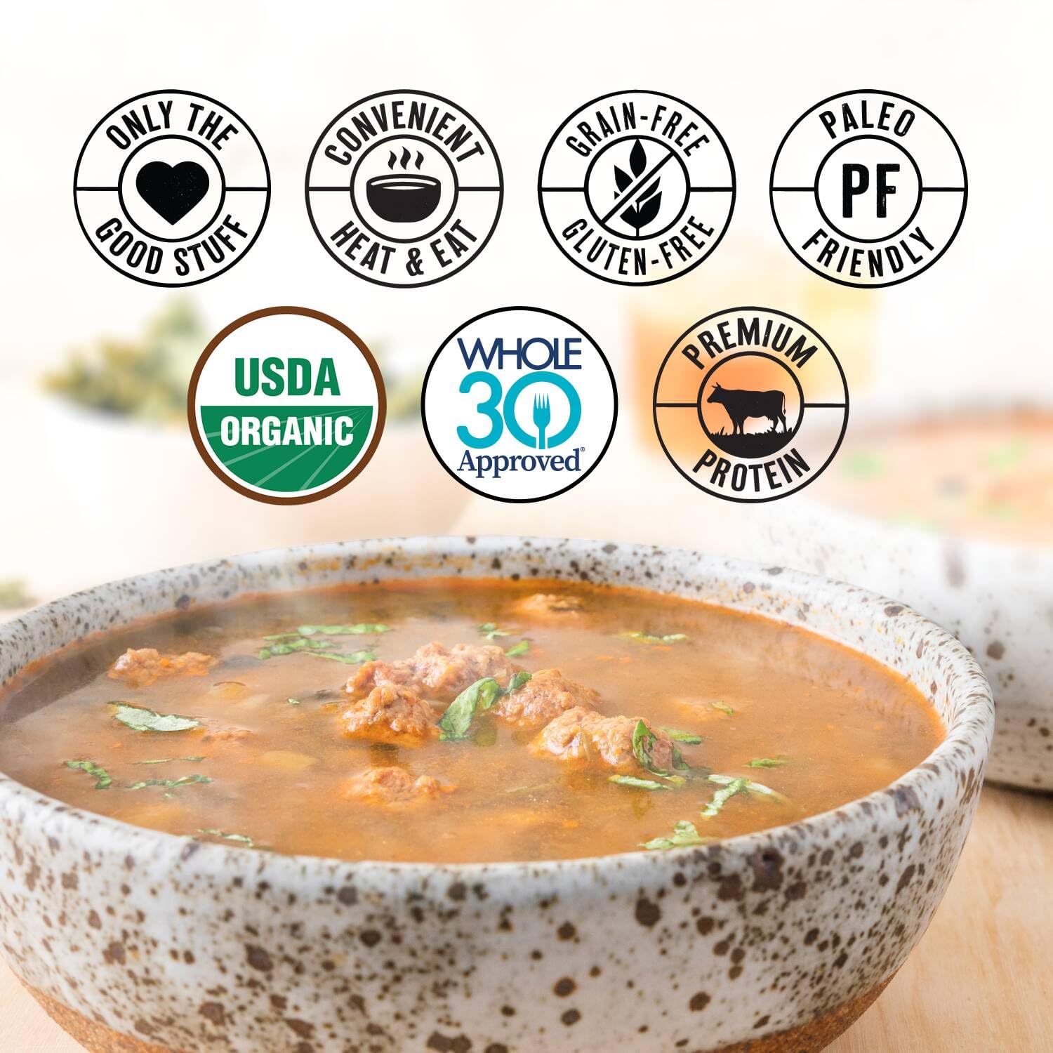 True Primal bone broth ingredients closeup showing stock and collagen-rich gelatin