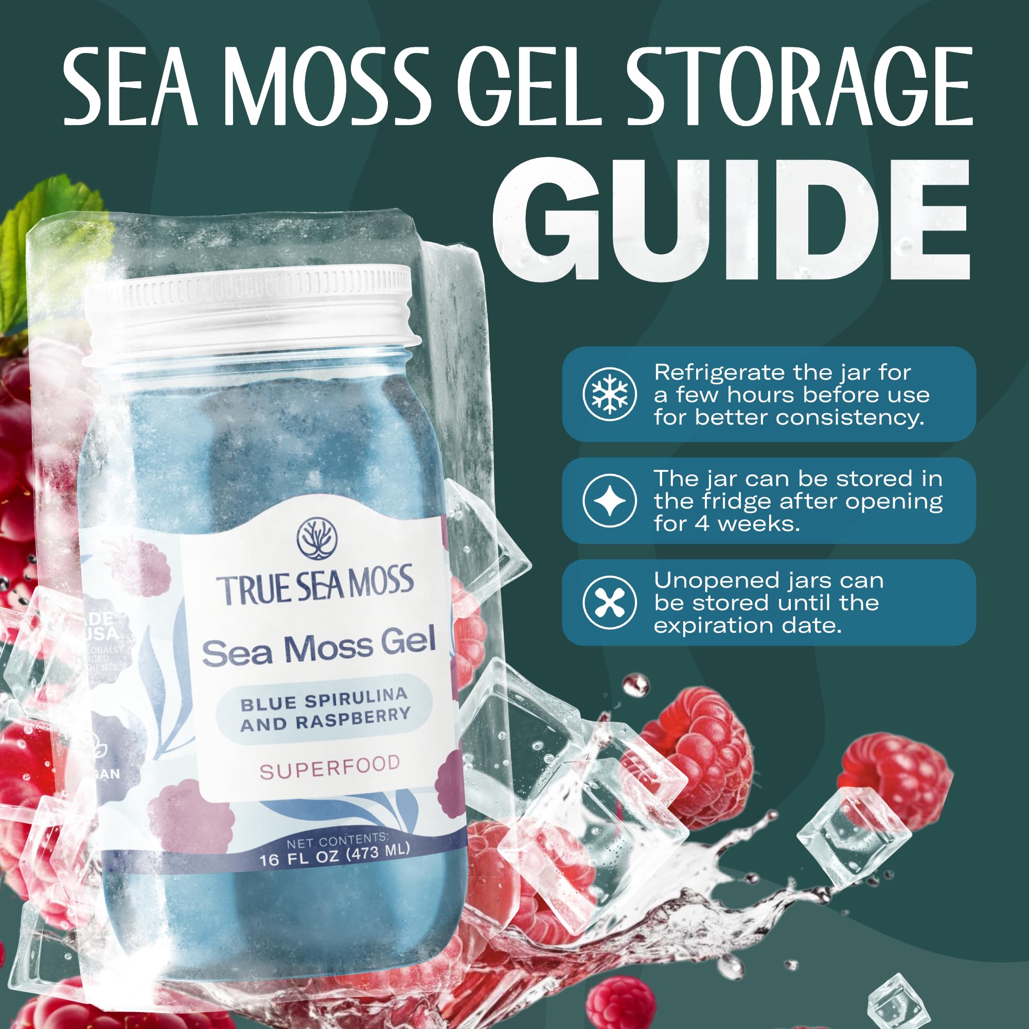 Brand packaging of TrueSeaMoss shows USA-made production with global ingredients.