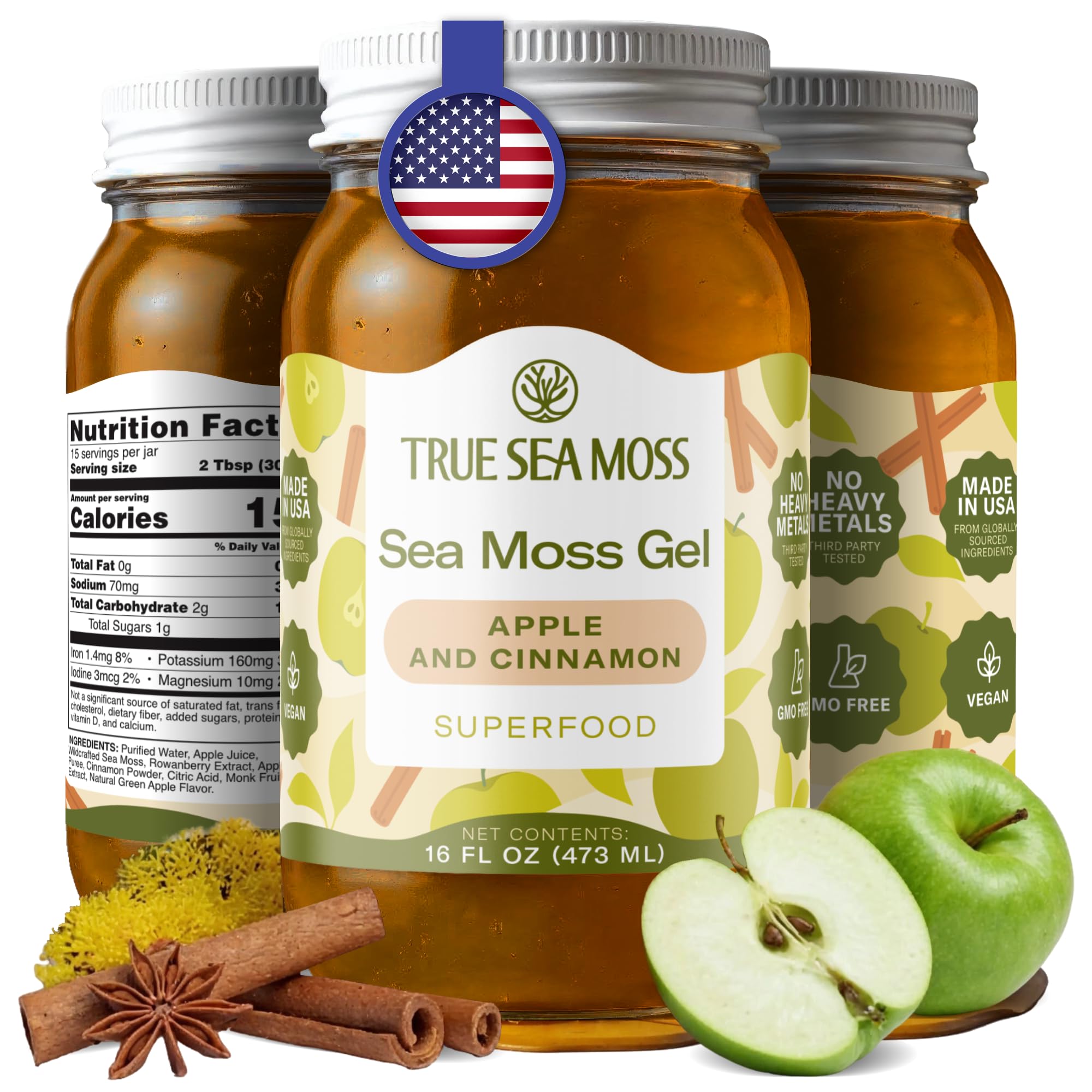 TrueSeaMoss gel in a jar with apple and cinnamon for daily use.