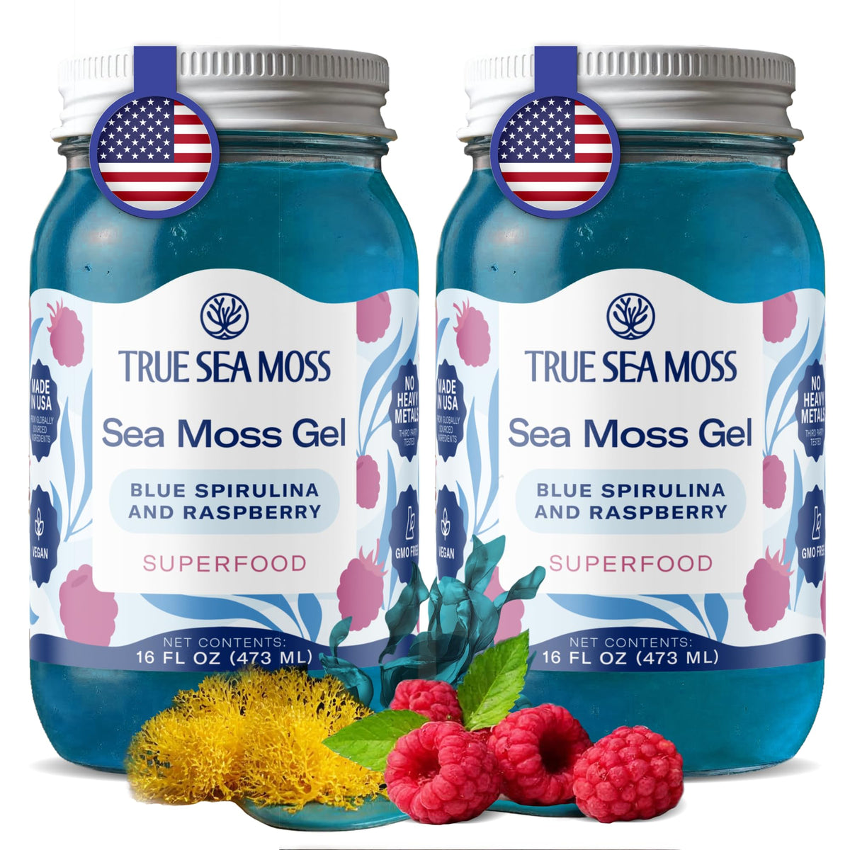 TrueSeaMoss gel with blue spirulina in a jar, natural color and nutrient-rich texture.