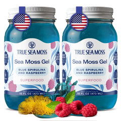 TrueSeaMoss gel with blue spirulina in a jar, natural color and nutrient-rich texture.