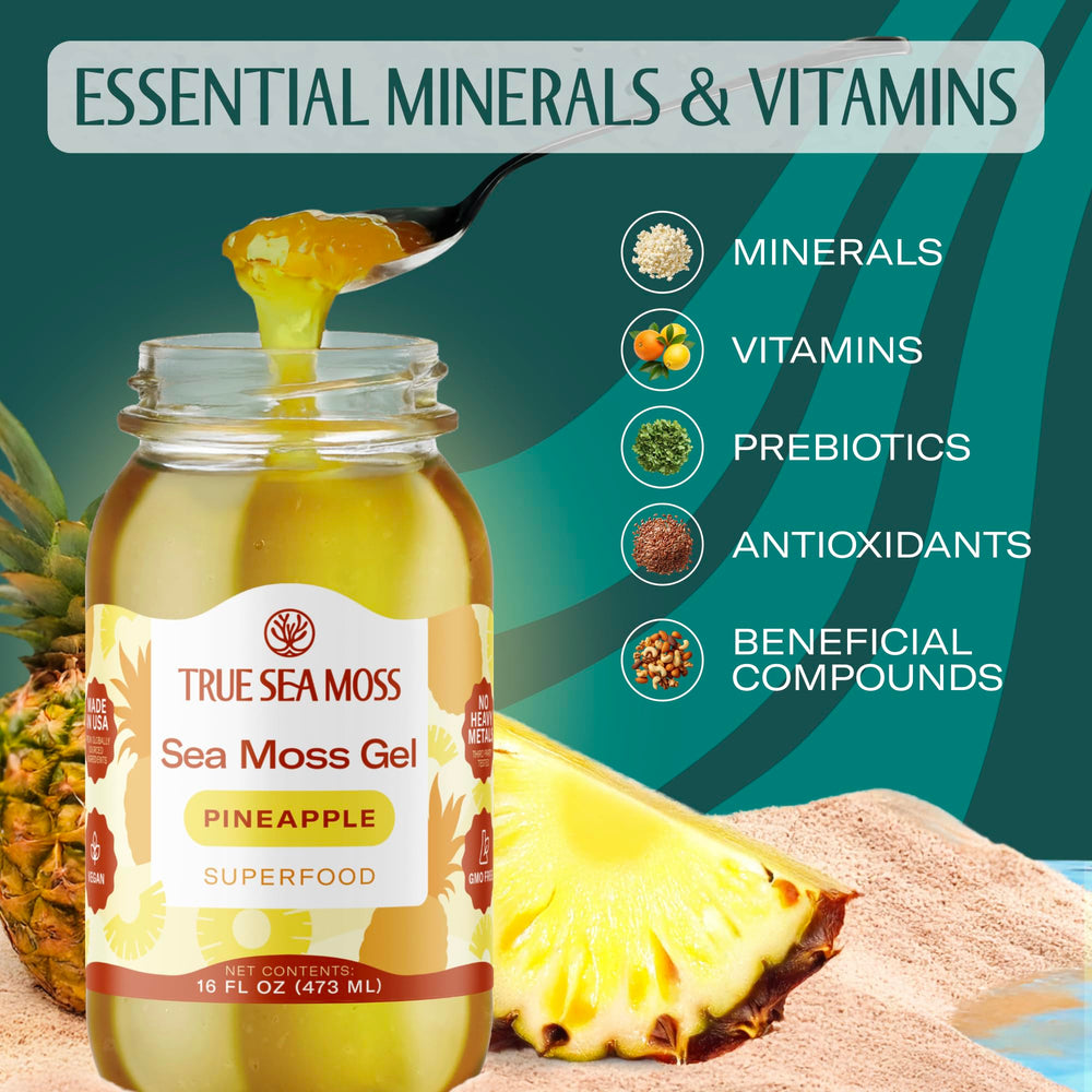 TrueSeaMoss gel in fridge scene suggests chilled, ready-to-use wellness ingredient.