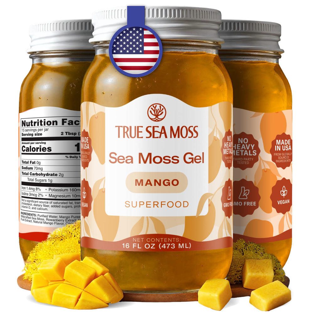 TrueSeaMoss mango gel bottle ready for daily wellness.