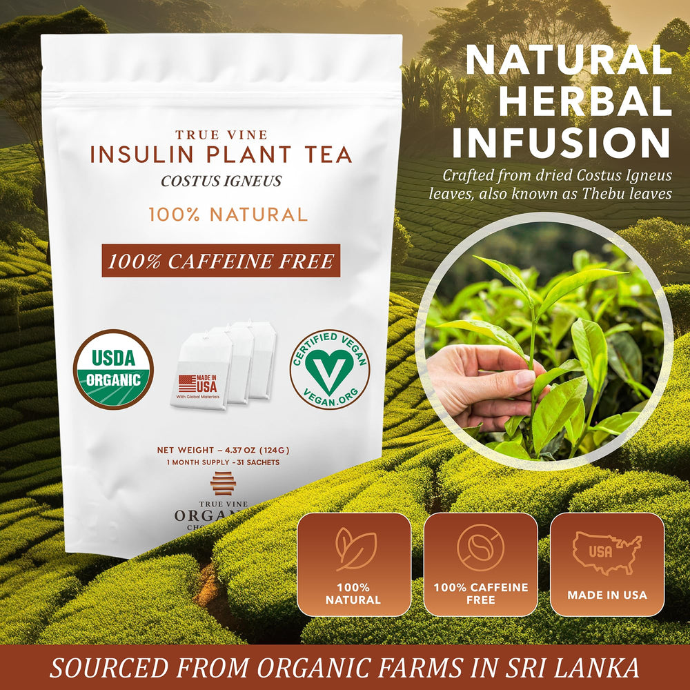 True Vine Insulin Plant Tea ingredient list showing clean organic profile