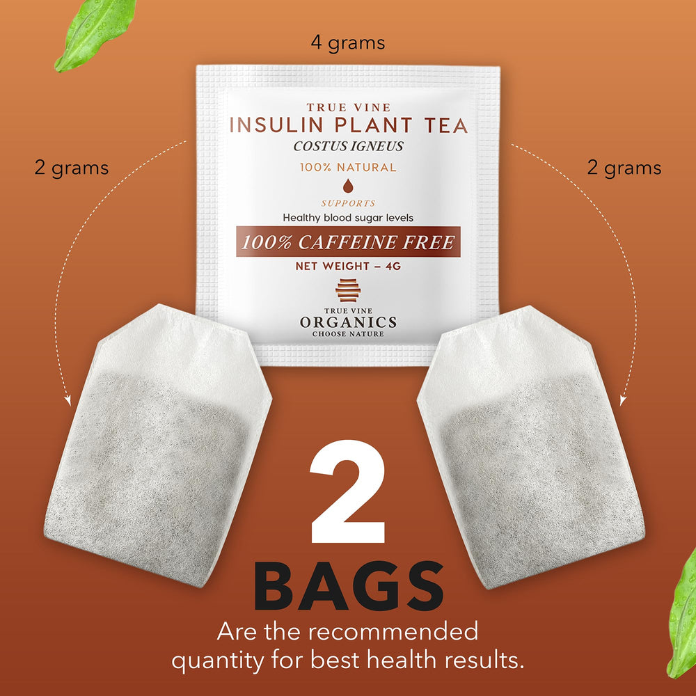 True Vine Insulin Plant Tea sachets closeup showing biodegradable packaging