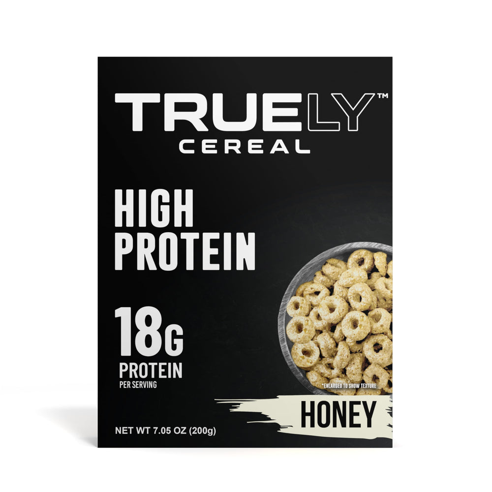 Truely Cereal texture closeup showing smooth, non-sticky protein cereal.