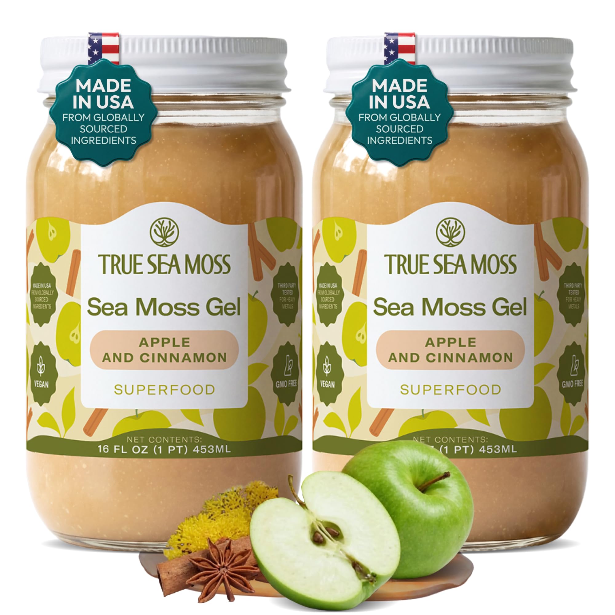 TrueSeaMoss Apple Cinnamon gel 2-pack in glass jars for convenient daily use