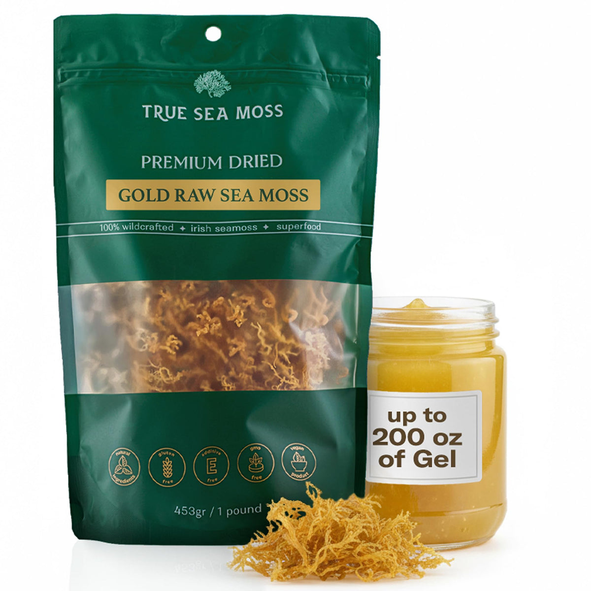 TrueSeaMoss gold Irish sea moss bag on counter for easy daily use