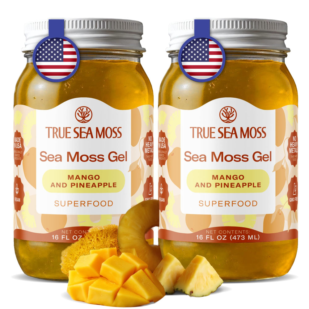 TrueSeaMoss mango-pineapple gel front jar for daily smoothies