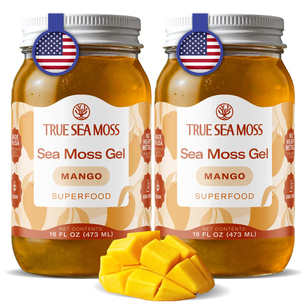 TrueSeaMoss mango sea moss gel bottle front, smooth texture and natural color.