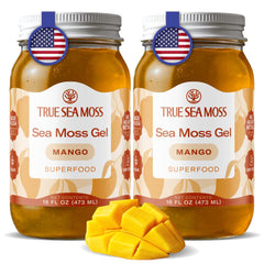 TrueSeaMoss mango sea moss gel bottle front, smooth texture and natural color.