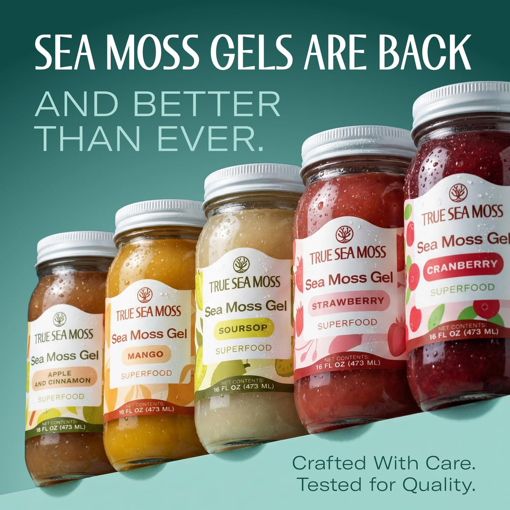 TrueSeaMoss mango gel bottle with label, highlighting USA-made and wildcrafted ingredients.