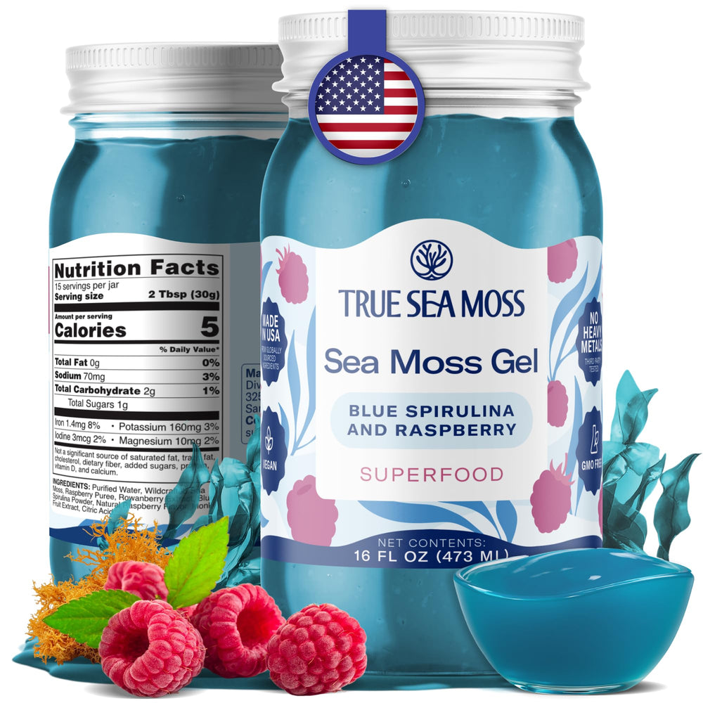 TrueSeaMoss gel with blue spirulina in a USA-made jar, smooth texture for smoothies.