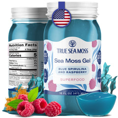 TrueSeaMoss gel with blue spirulina in a USA-made jar, smooth texture for smoothies.