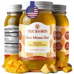 TrueSeaMoss sea moss gel mango pineapple front container shows tropical flavor for daily use