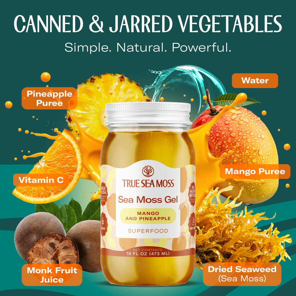 TrueSeaMoss sea moss gel mango pineapple ingredients highlight natural fruit infusion