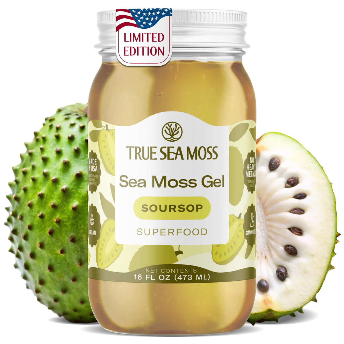 TrueSeaMoss Sea Moss Gel with soursop in a USA-made jar for daily smoothies.