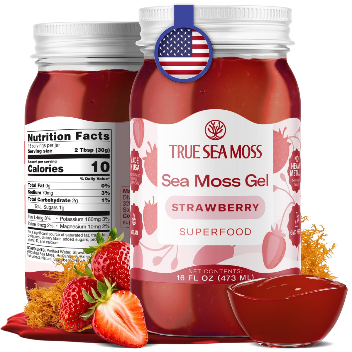 TrueSeaMoss strawberry sea moss gel jar showing natural nutrients for everyday vitality