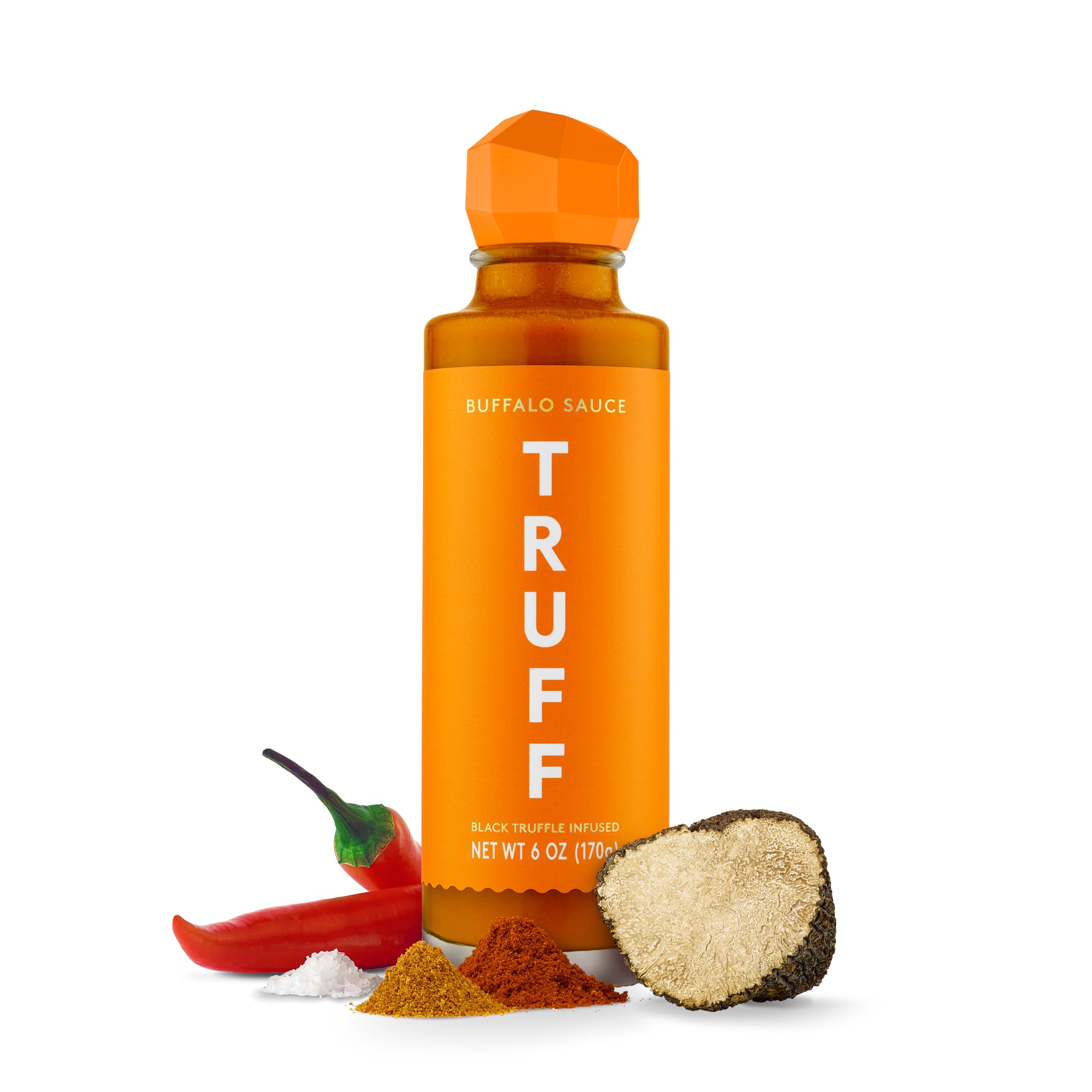 TRUFF Buffalo Sauce bottle pour with truffle aroma, ideal on wings and burgers.