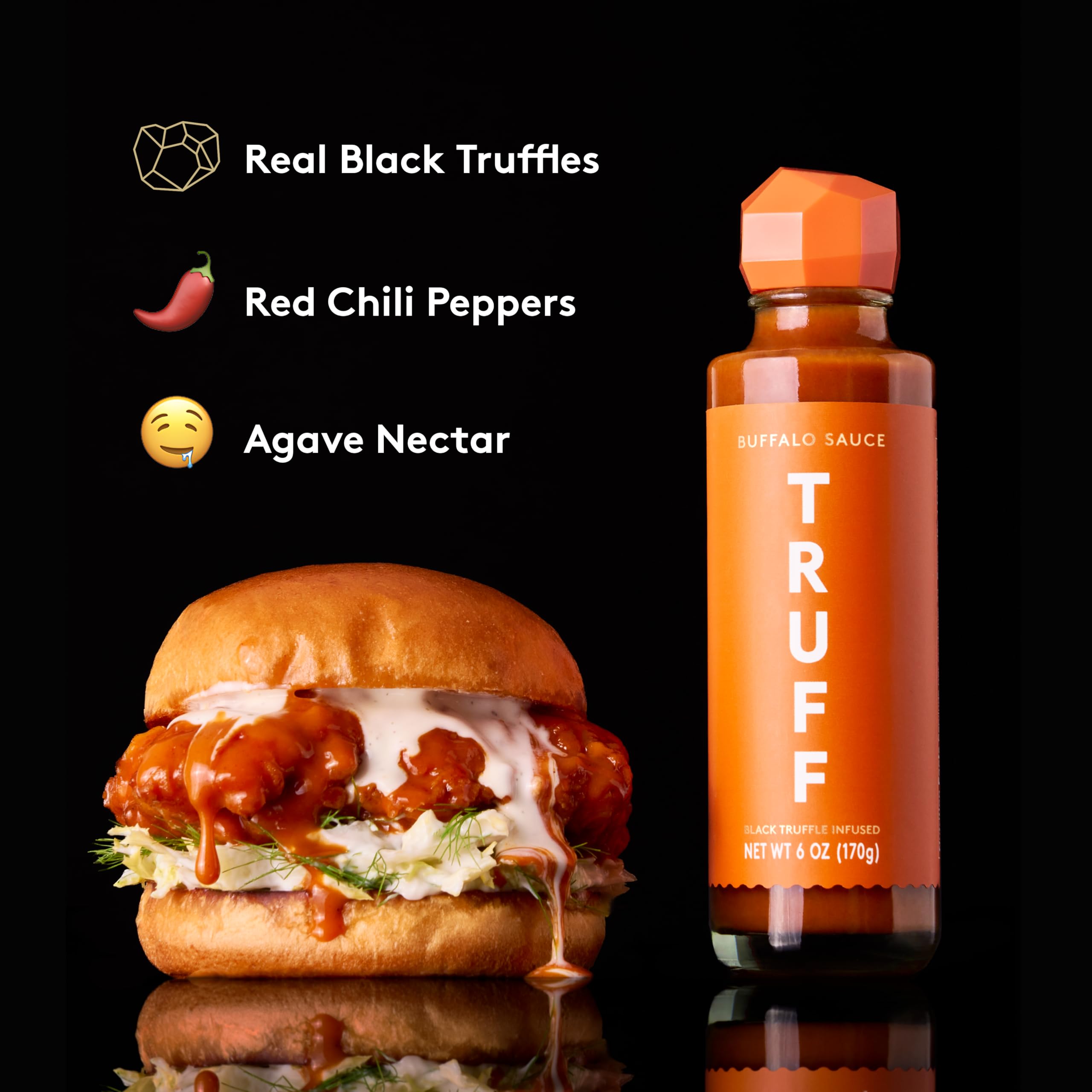 TRUFF Buffalo Sauce bottle on table with bold cayenne notes and tang.