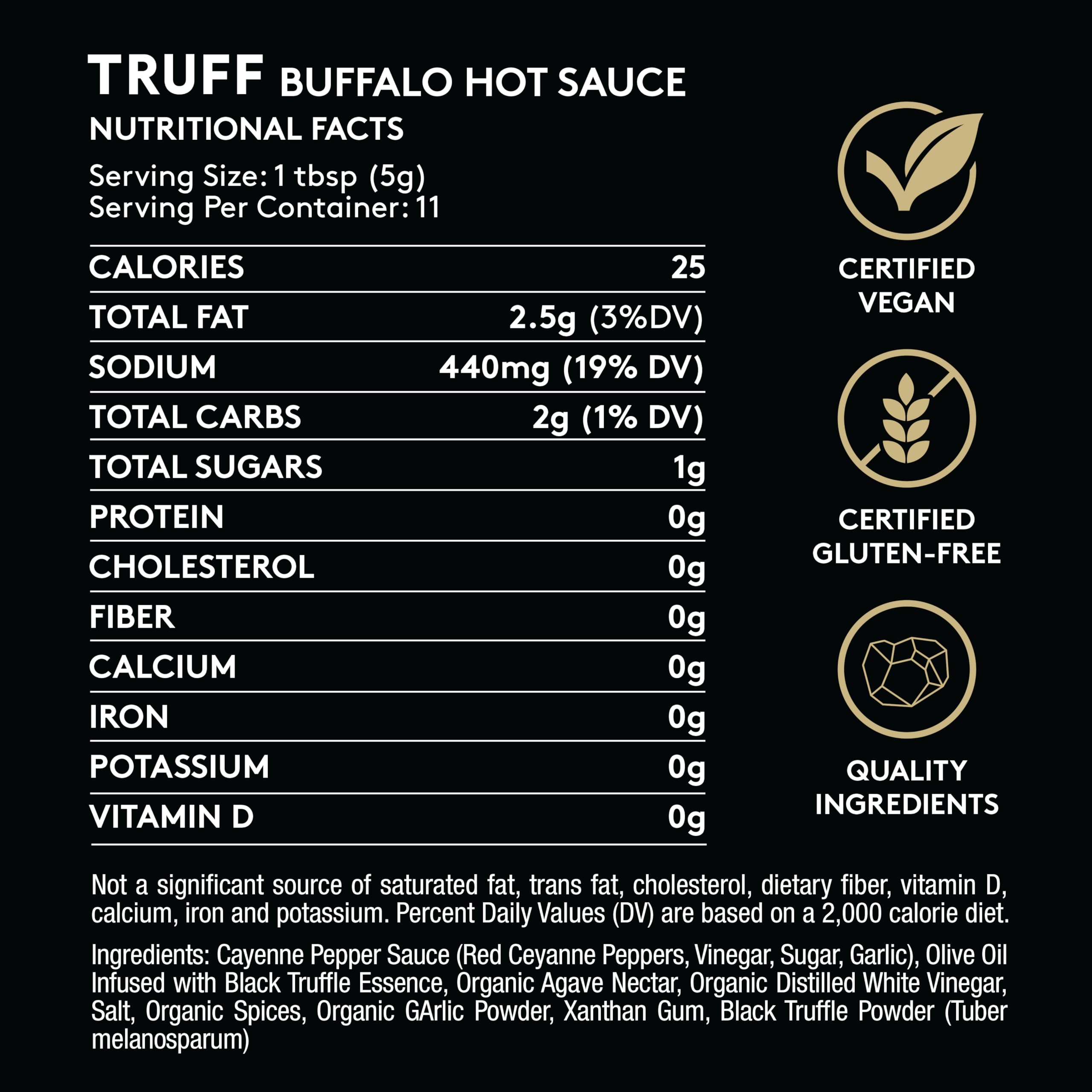 TRUFF Buffalo Sauce label close-up highlighting black truffle oil for gourmet flavor.