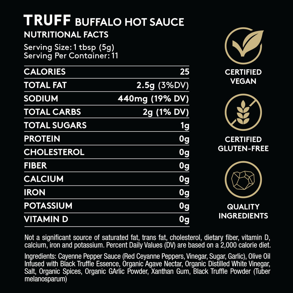 TRUFF Buffalo Sauce label close-up highlighting black truffle oil for gourmet flavor.