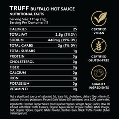 TRUFF Buffalo Sauce label close-up highlighting black truffle oil for gourmet flavor.