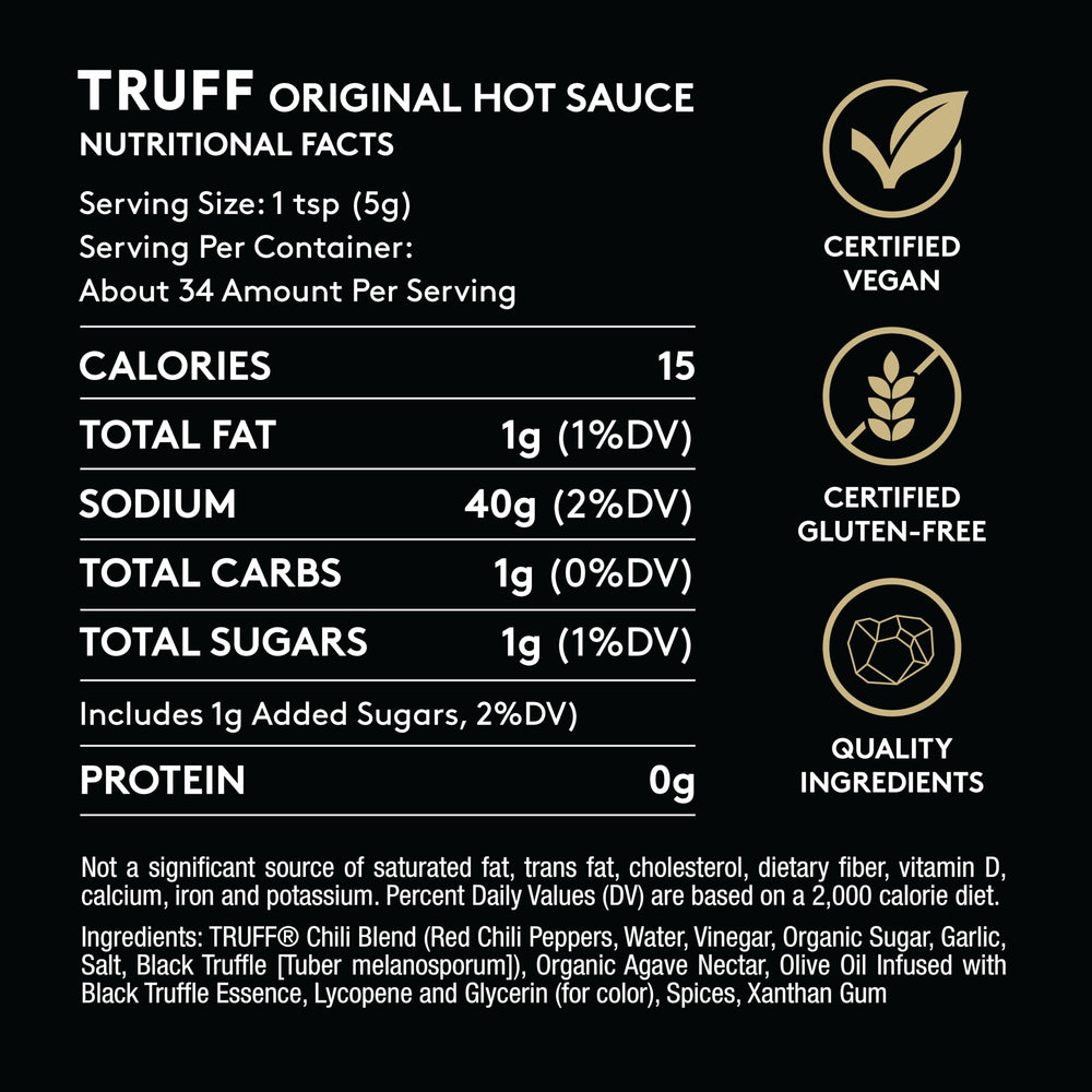 TRUFF hot sauce bottle label closeup shows black truffle and premium ingredients.