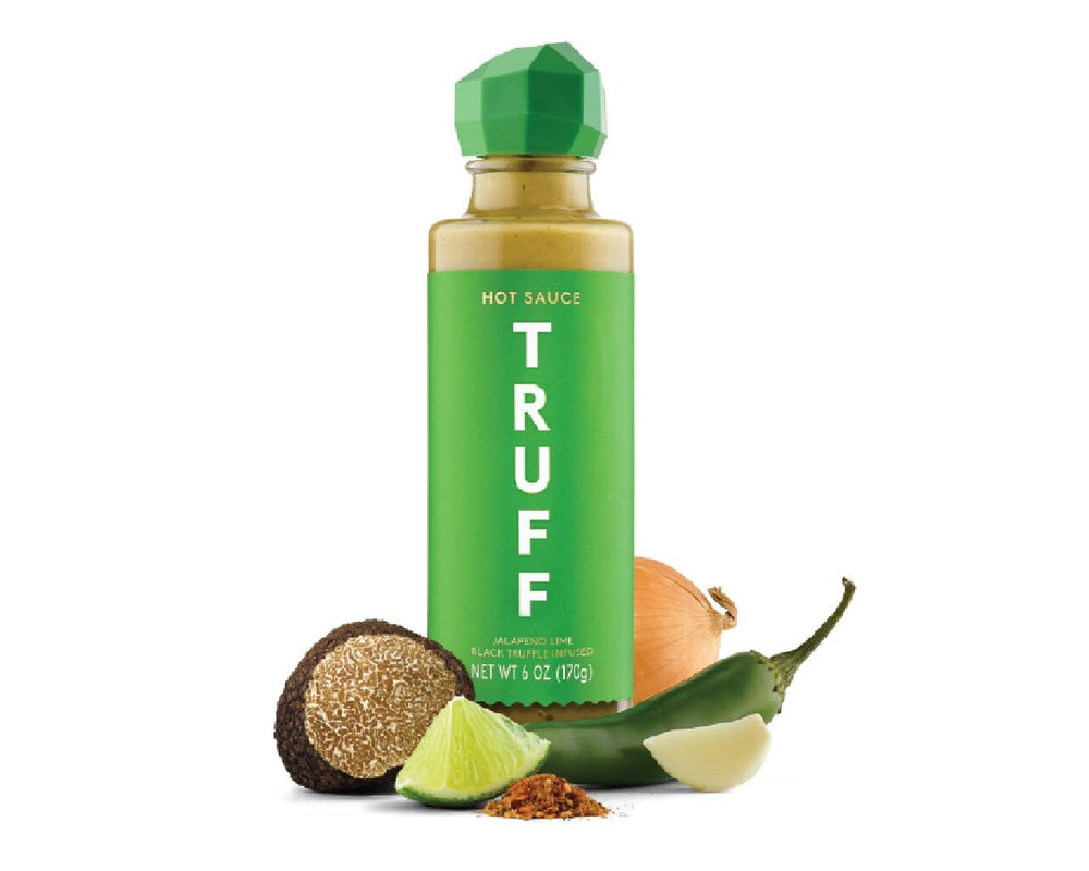 TRUFF jalapeño lime black truffle hot sauce bottle ready to elevate meals.
