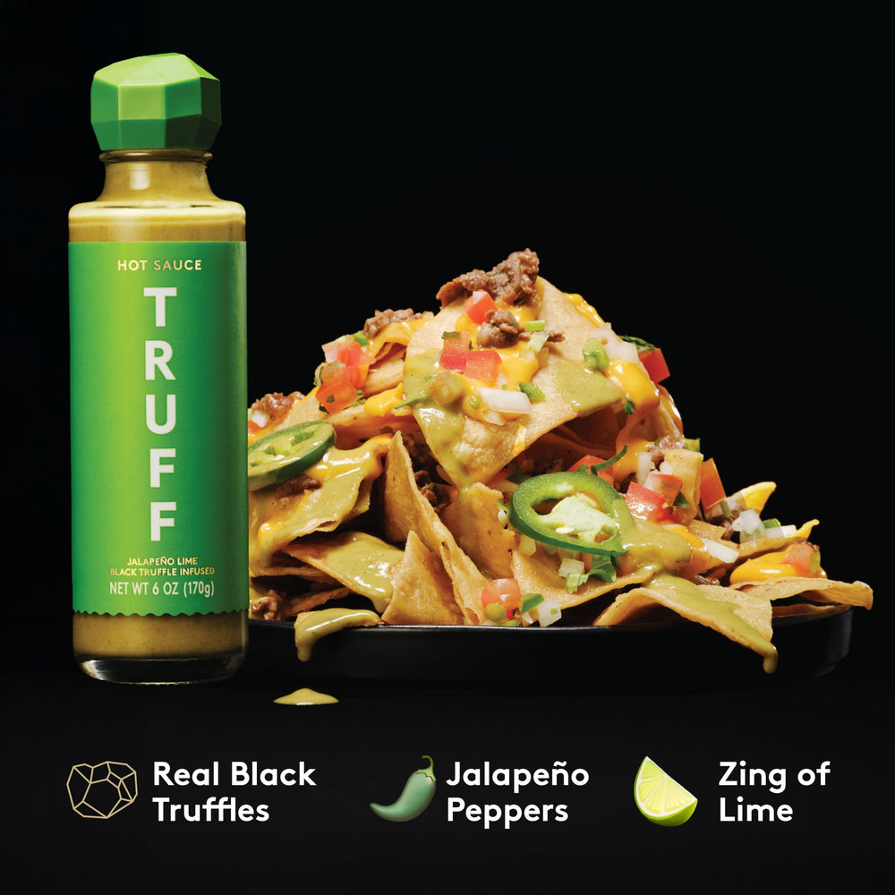 Pour shot of TRUFF Jalapeño Lime Hot Sauce highlighting vibrant heat