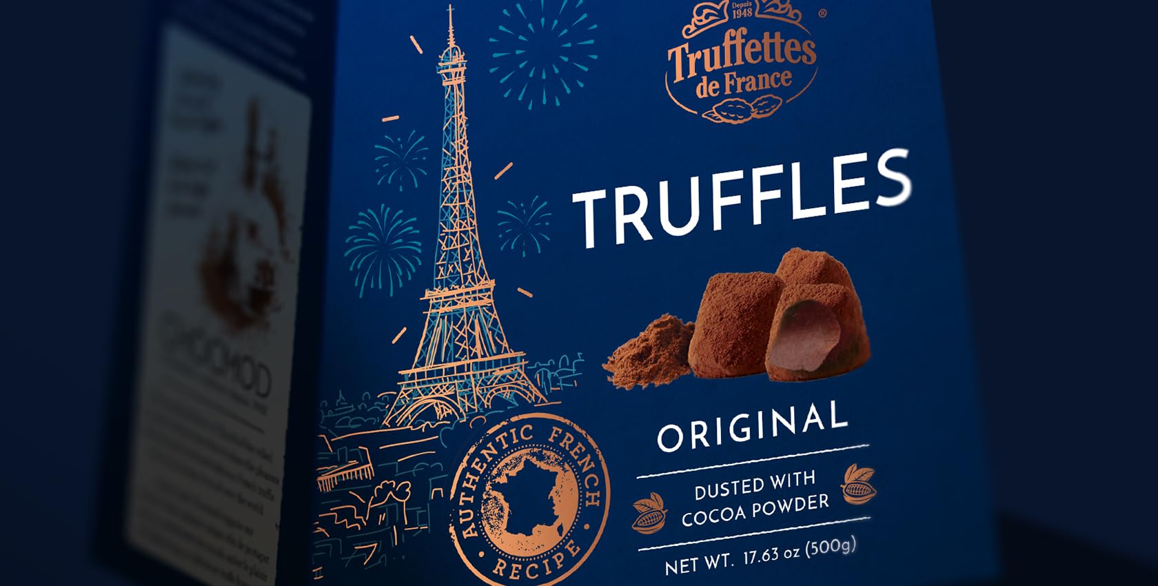 Close-up of cocoa dusting on Truffettes de France truffles.