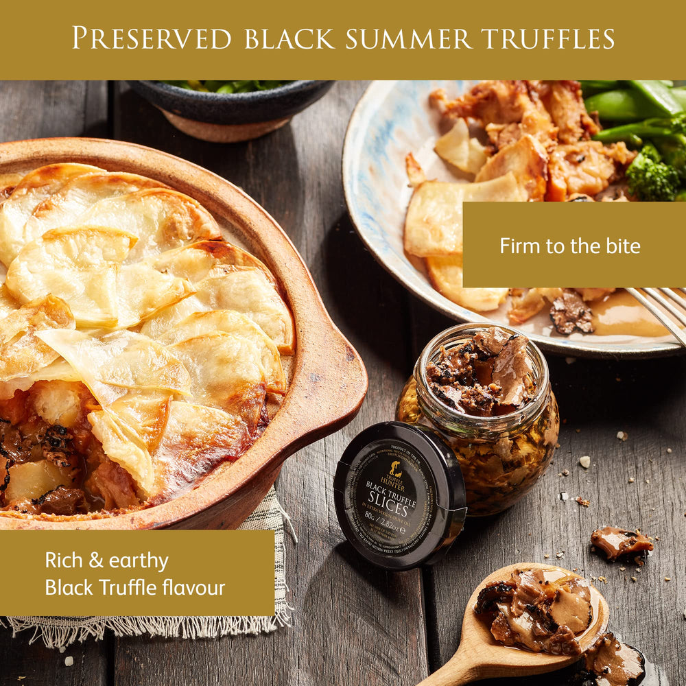 TruffleHunter sliced black truffles in olive oil glass highlights premium quality and convenience.