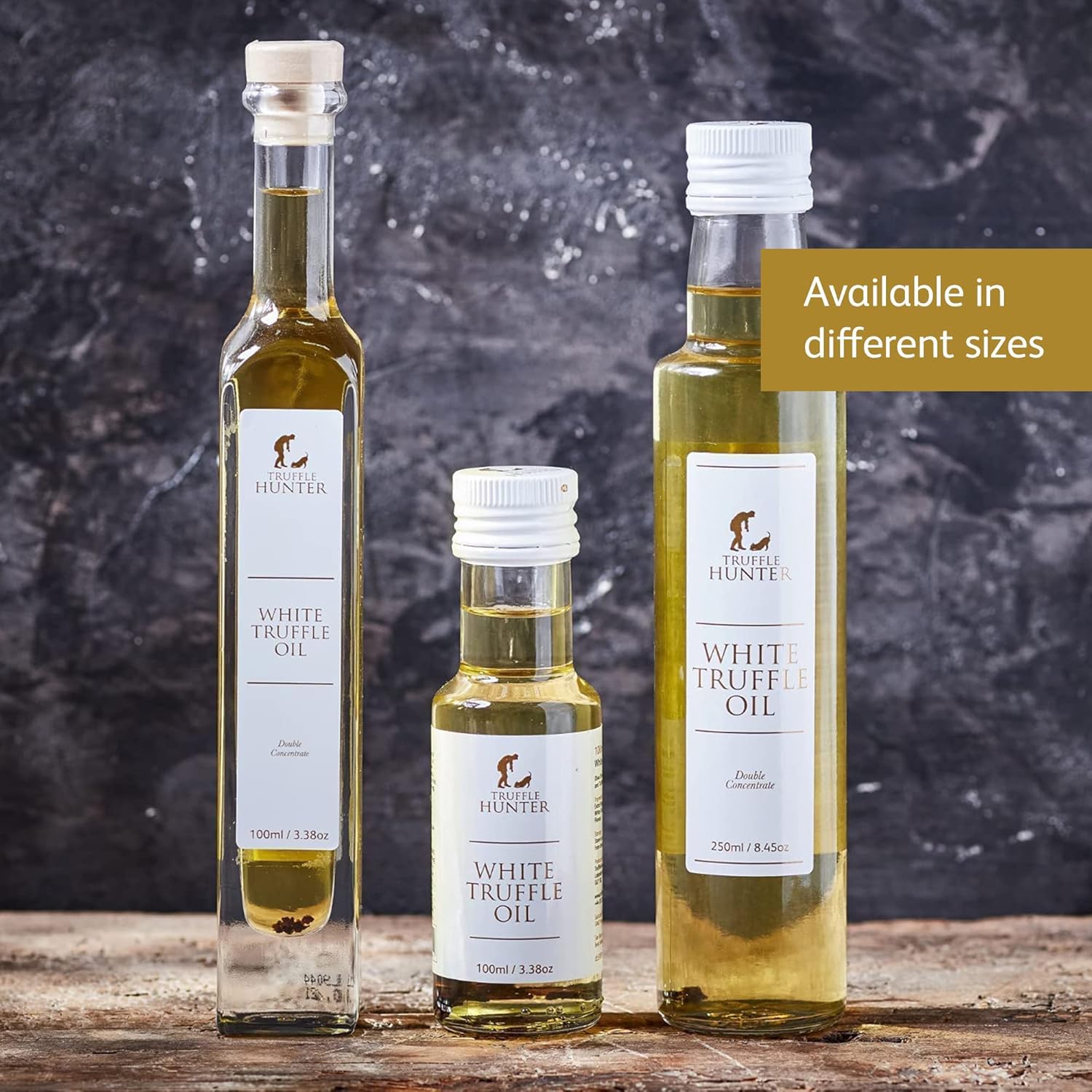 TruffleHunter white truffle oil front label emphasizes fresh truffles