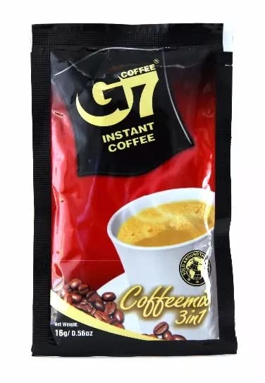 Trung Nguyen G7 sachet closeup showing integrated ingredients for quick, mess-free coffee