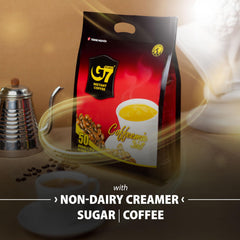 Steam rising cup of G7 instant coffee delivering bold aroma and smooth taste