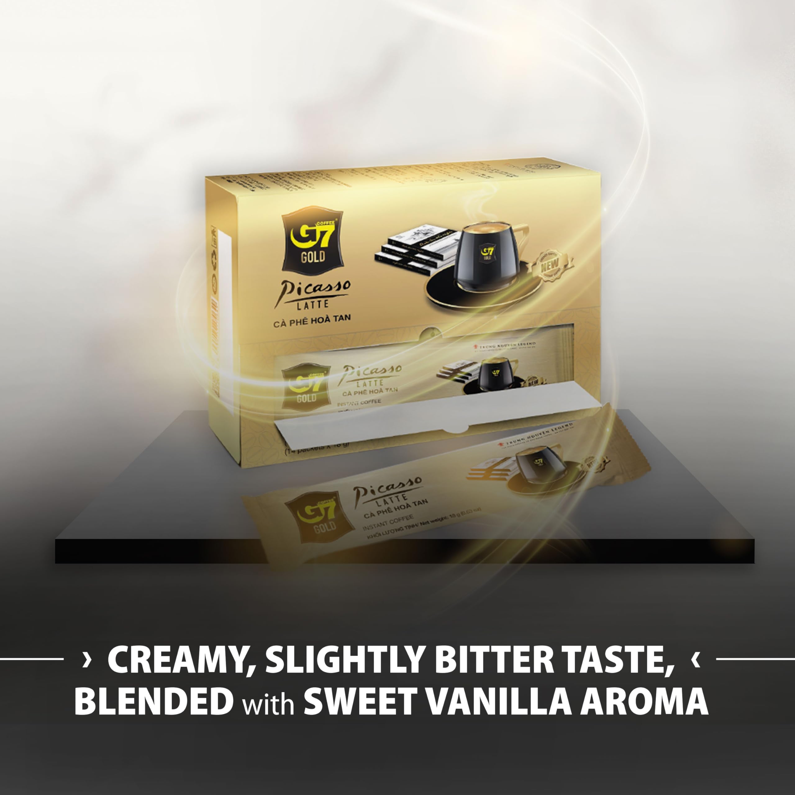 Travel-friendly G7 Gold Picasso Latte sticks for on-the-go coffee.