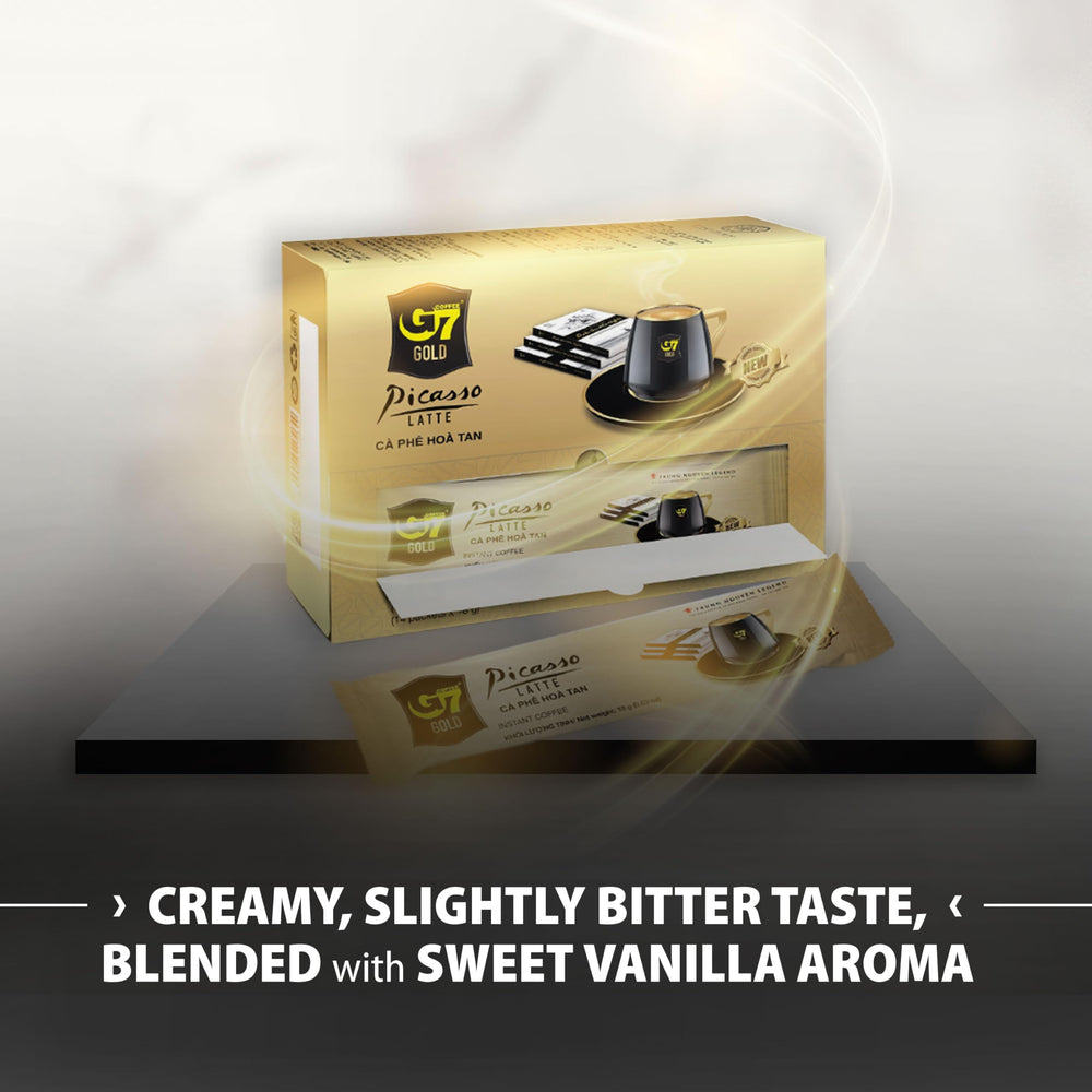 Travel-friendly G7 Gold Picasso Latte sticks for on-the-go coffee.