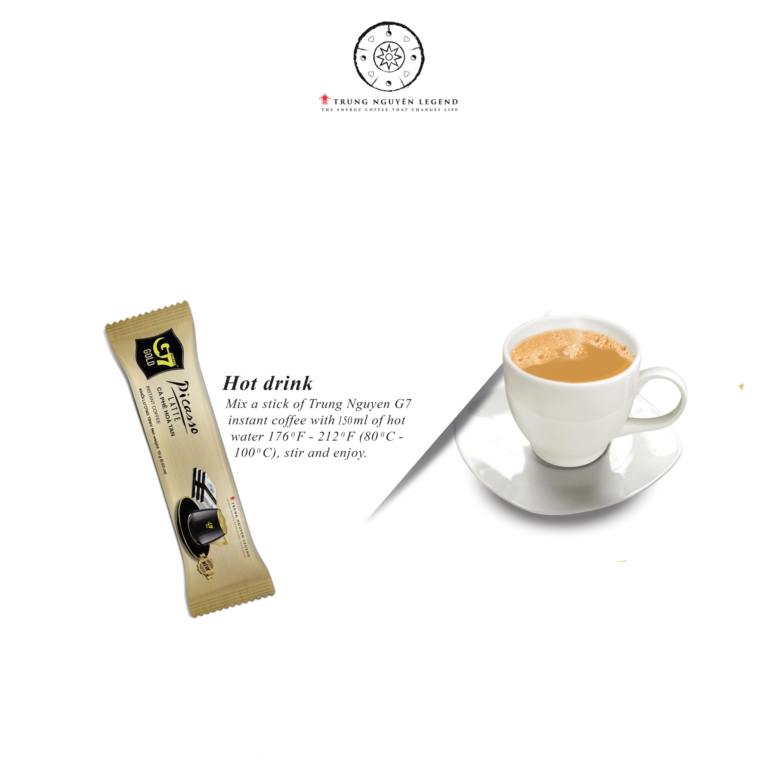 A cup being prepared with G7 Gold Picasso Latte for a smooth, creamy boost.