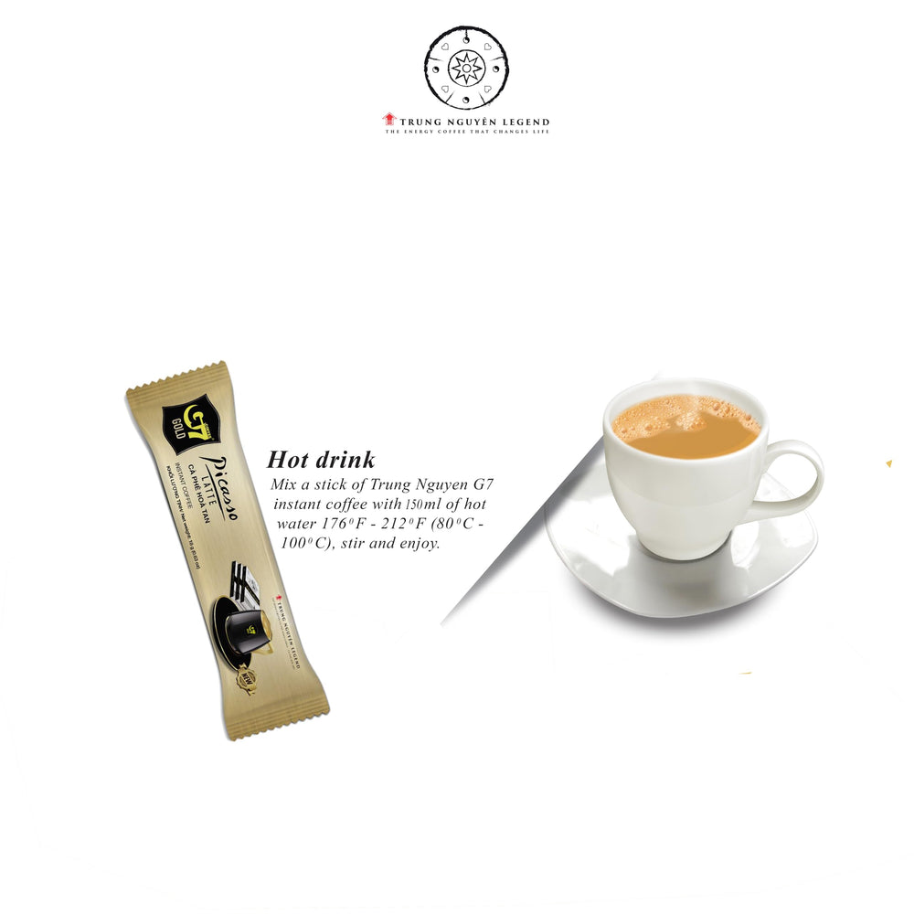A cup being prepared with G7 Gold Picasso Latte for a smooth, creamy boost.