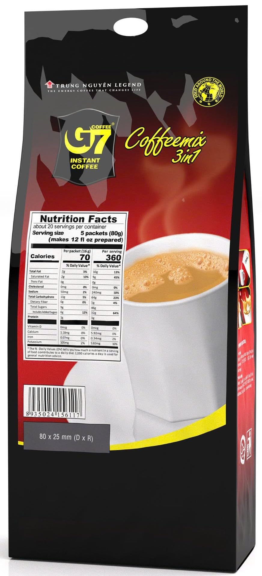 G7 instant coffee stick dissolving quickly in hot water for a fast cup.
