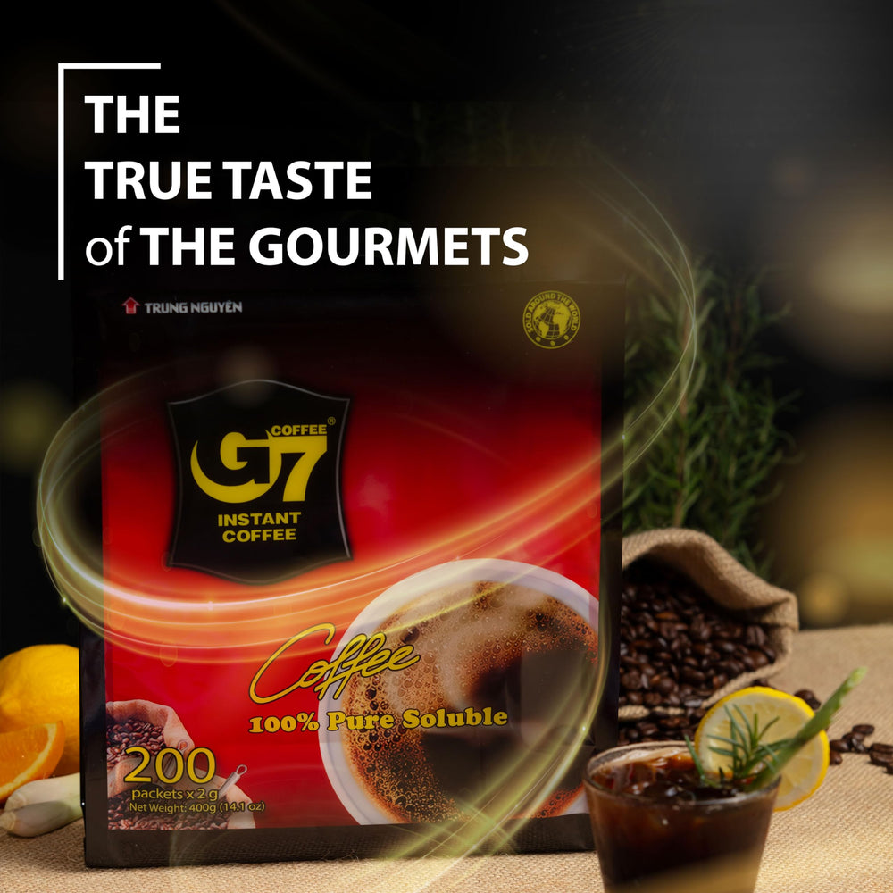 Travel-friendly G7 Pure Black sachets for on-the-go coffee moments