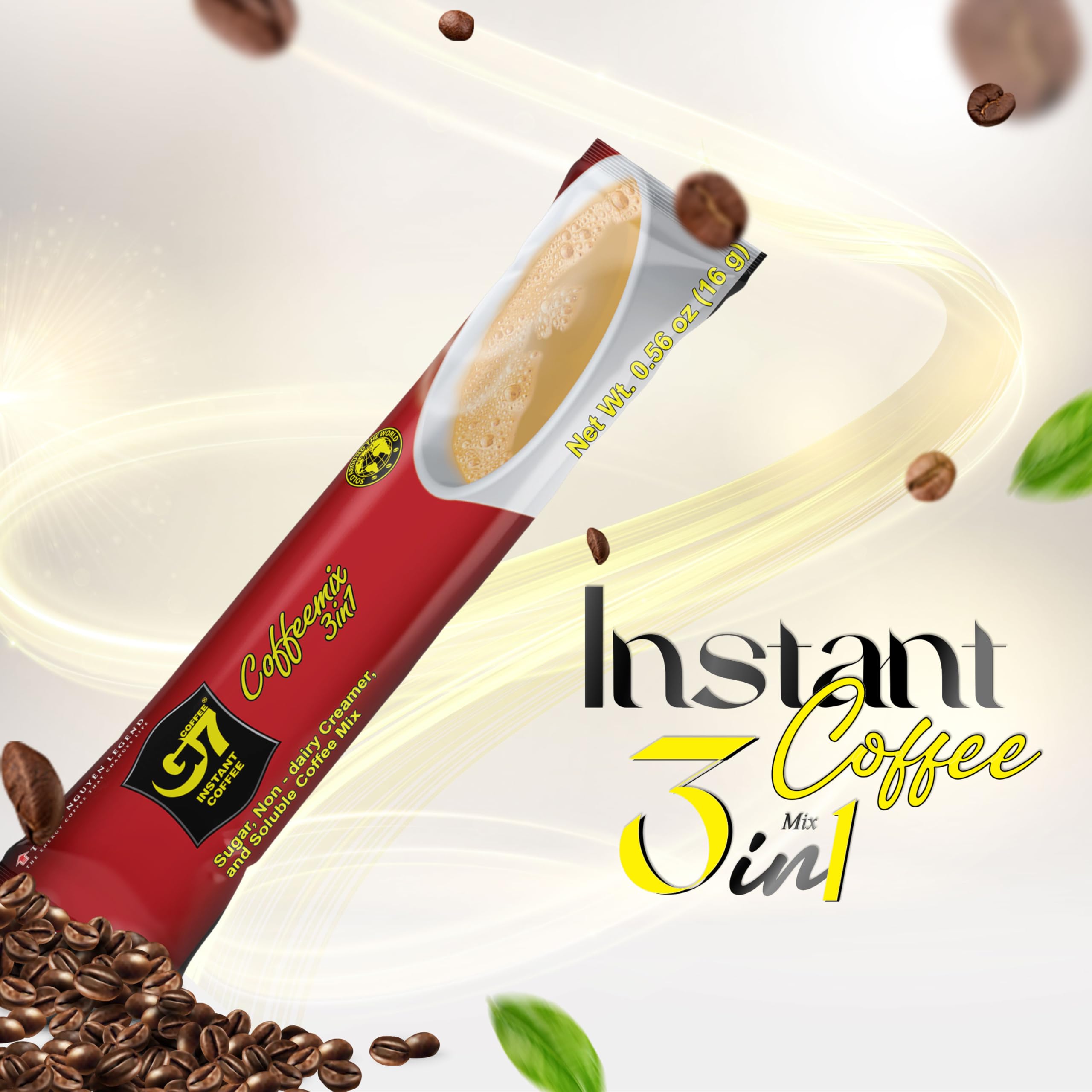 Three-in-one G7 blend with creamer and sugar for convenient on-the-go coffee.